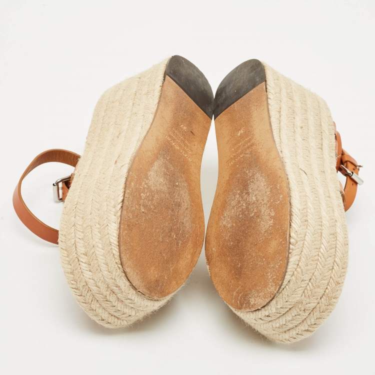 Pre Owned Isabel Marant Tan Leather Ankle Wrap Platform Espadrille Sandals Size 37