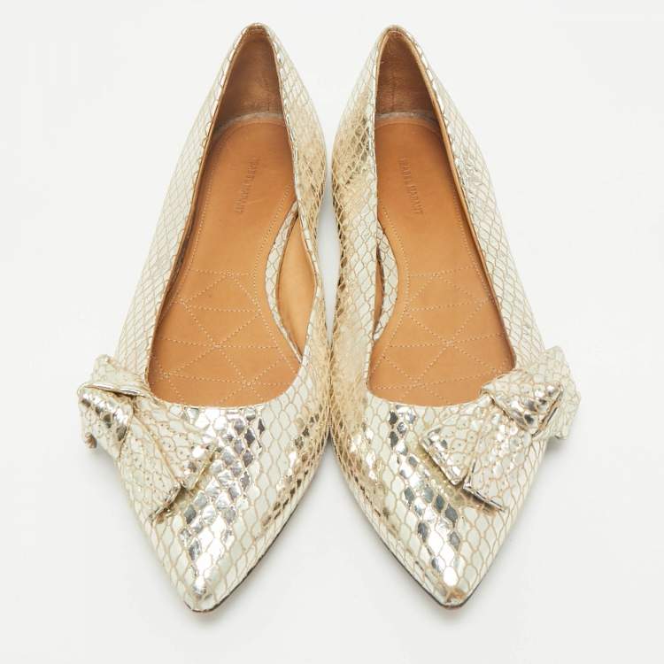 Pre Owned Isabel Marant Metallic Gold Foil Python Embossed Pointed Toe Ballet Flats Size 39