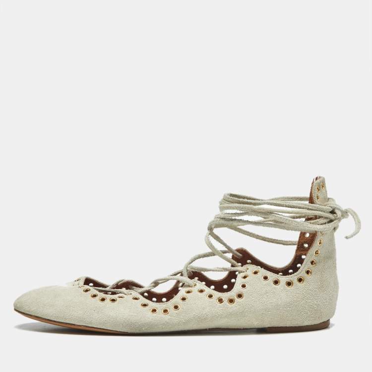 Pre Owned Isabel Marant Light Grey Suede Leo Eyelet Ankle Tie Ballet Flats Size 38