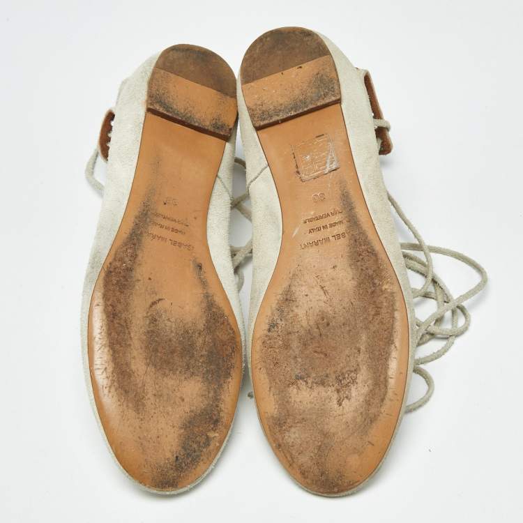 Pre Owned Isabel Marant Light Grey Suede Leo Eyelet Ankle Tie Ballet Flats Size 38