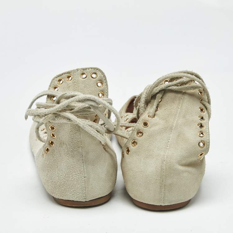 Pre Owned Isabel Marant Light Grey Suede Leo Eyelet Ankle Tie Ballet Flats Size 38