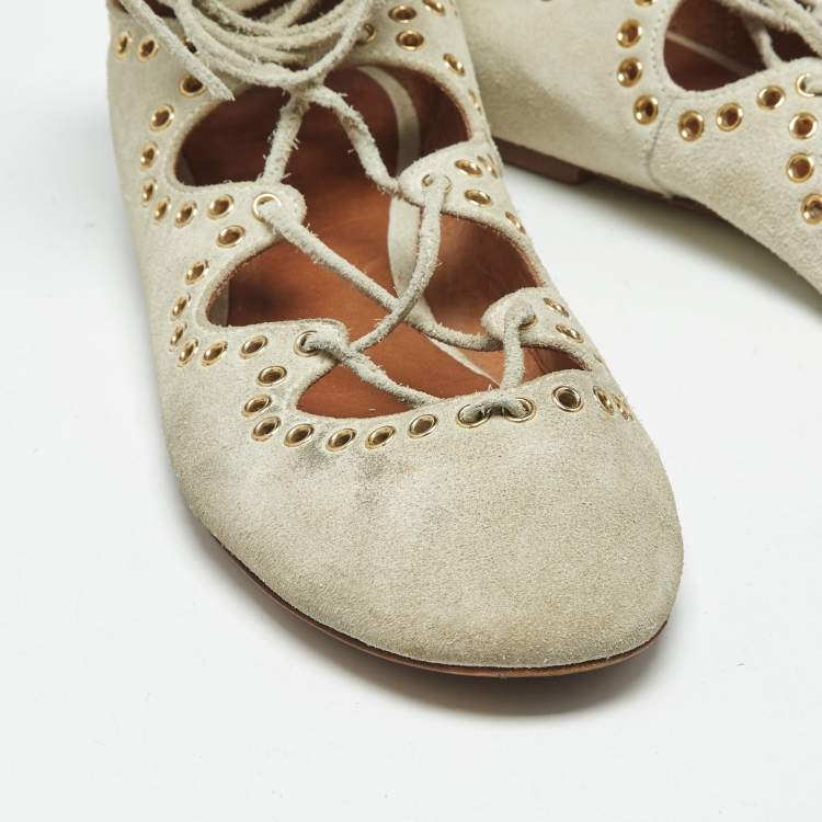 Pre Owned Isabel Marant Light Grey Suede Leo Eyelet Ankle Tie Ballet Flats Size 38