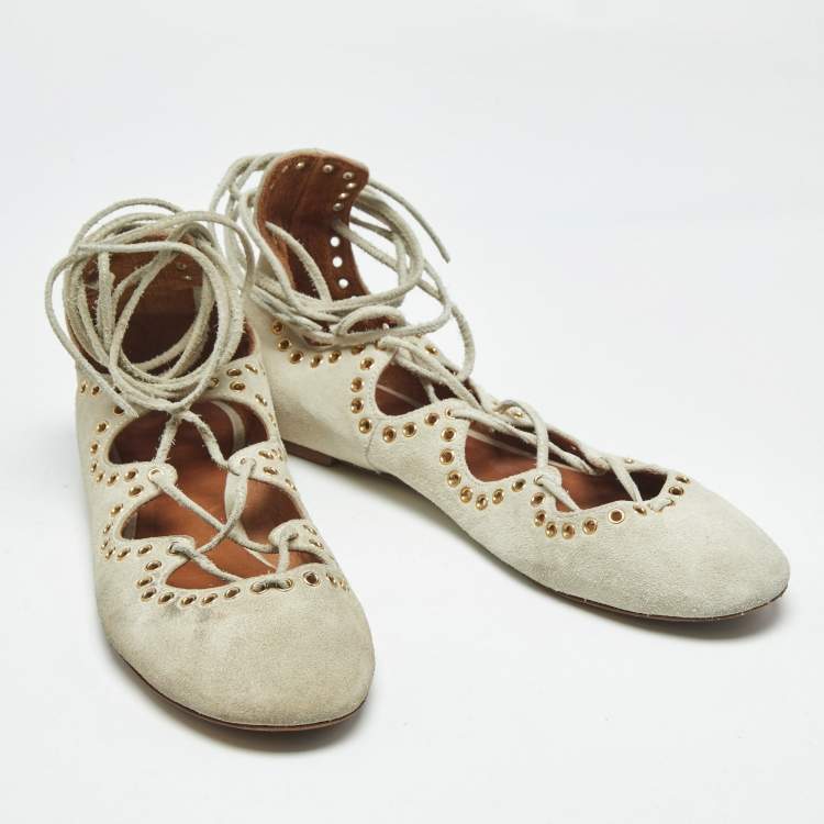 Pre Owned Isabel Marant Light Grey Suede Leo Eyelet Ankle Tie Ballet Flats Size 38