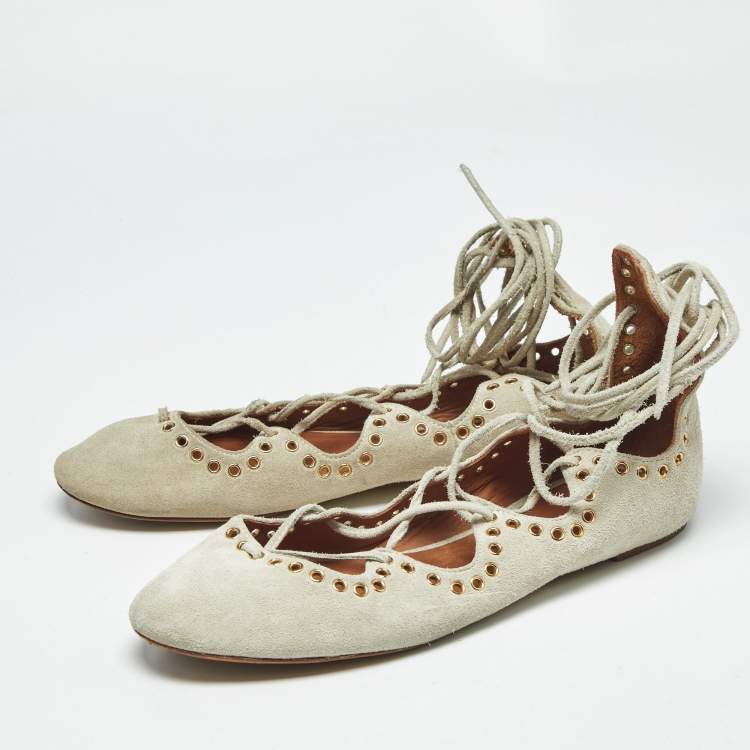 Pre Owned Isabel Marant Light Grey Suede Leo Eyelet Ankle Tie Ballet Flats Size 38
