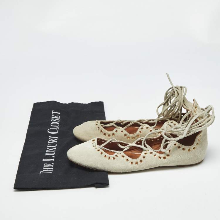 Pre Owned Isabel Marant Light Grey Suede Leo Eyelet Ankle Tie Ballet Flats Size 38
