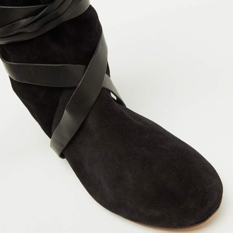 Pre Owned Isabel Marant Black Leather and Suede Mid Calf Length Boots Size 38