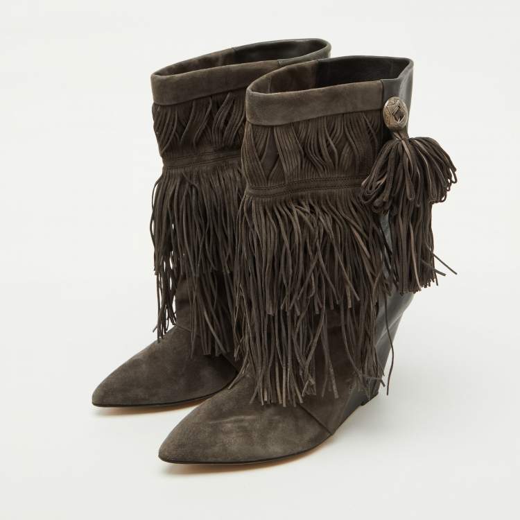Pre Owned Isabel Marant Dark Grey Suede and Leather Mony Fringe Ankle Wedge Boots Size 39