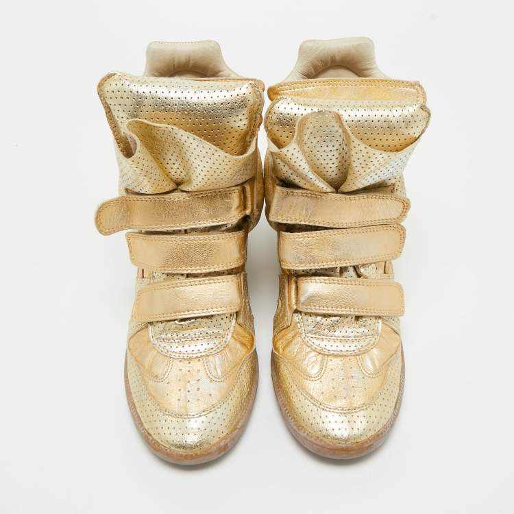 Pre Owned Isabel Marant Metallic Gold Leather Bekett Wedge Sneakers Size 40