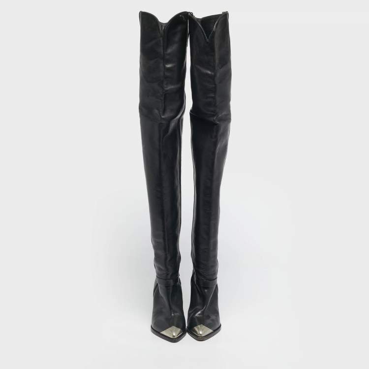 Pre Owned Isabel Marant Black Leather Thigh High Wedge Boots Size 38