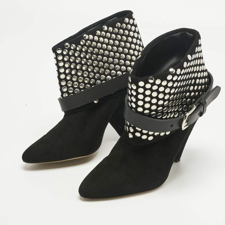 Pre Owned Isabel Marant Black Leather and Suede Studded Ankle Length Boots Size 38