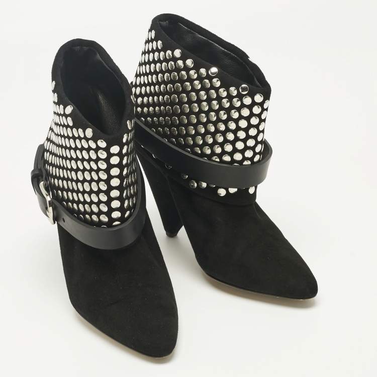 Pre Owned Isabel Marant Black Leather and Suede Studded Ankle Length Boots Size 38