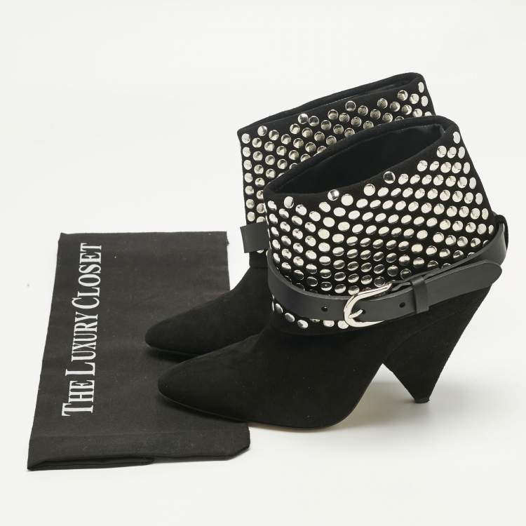 Pre Owned Isabel Marant Black Leather and Suede Studded Ankle Length Boots Size 38