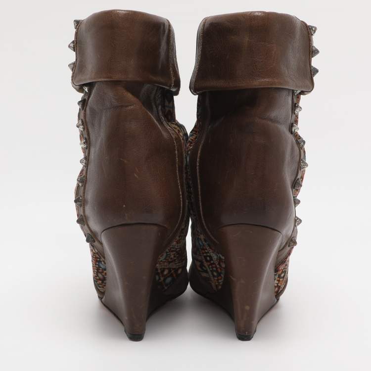 Pre Owned Isabel Marant Khaki/Multicolor Leather, Suede and Velvet Studded Mid Calf Wedge Boots Size 38