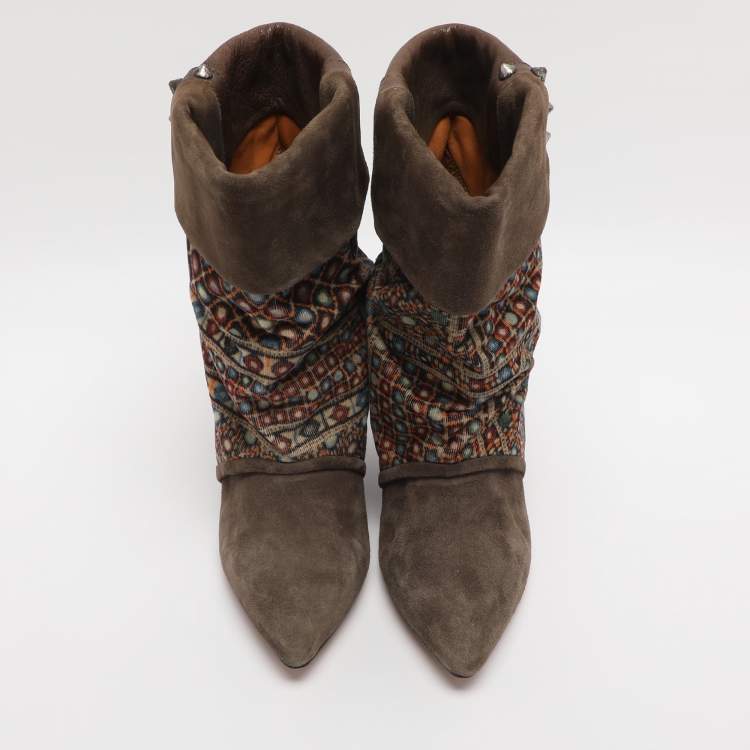 Pre Owned Isabel Marant Khaki/Multicolor Leather, Suede and Velvet Studded Mid Calf Wedge Boots Size 38