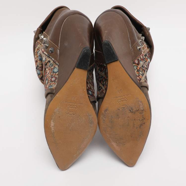 Pre Owned Isabel Marant Khaki/Multicolor Leather, Suede and Velvet Studded Mid Calf Wedge Boots Size 38