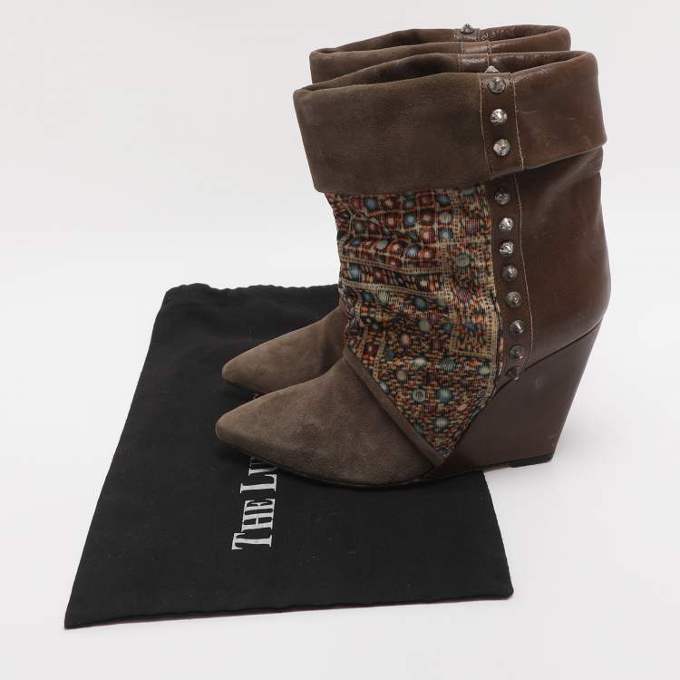 Pre Owned Isabel Marant Khaki/Multicolor Leather, Suede and Velvet Studded Mid Calf Wedge Boots Size 38