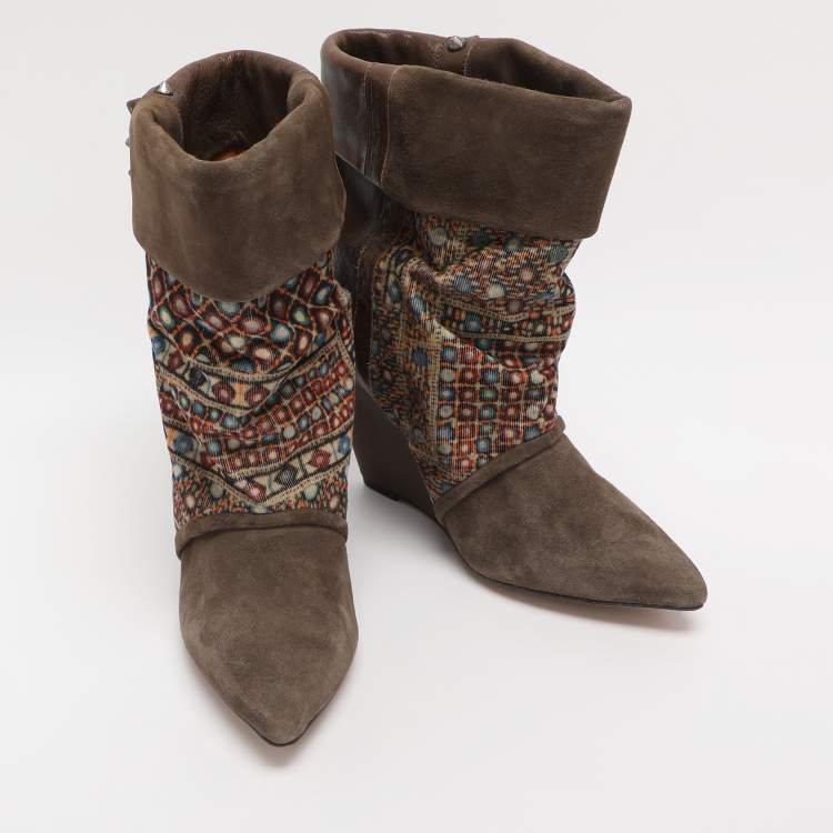 Pre Owned Isabel Marant Khaki/Multicolor Leather, Suede and Velvet Studded Mid Calf Wedge Boots Size 38