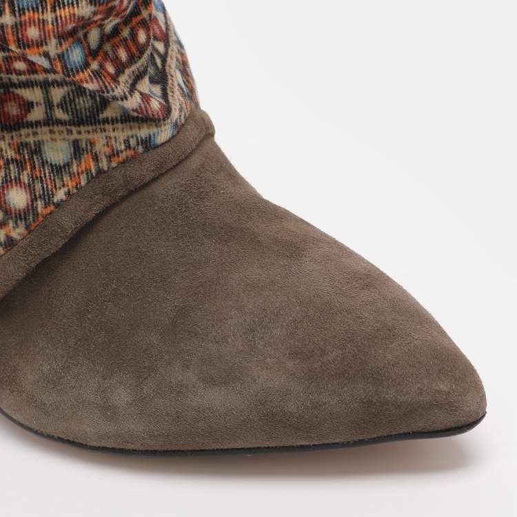 Pre Owned Isabel Marant Khaki/Multicolor Leather, Suede and Velvet Studded Mid Calf Wedge Boots Size 38