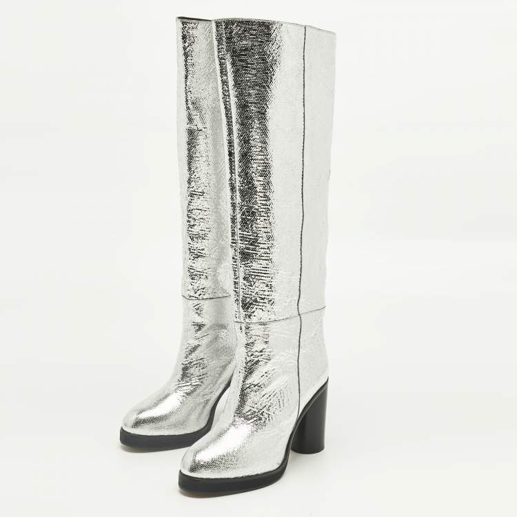 Pre Owned Isabel Marant Silver Foil Leather Knee Length Boots Size 39