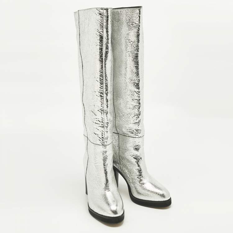 Pre Owned Isabel Marant Silver Foil Leather Knee Length Boots Size 39