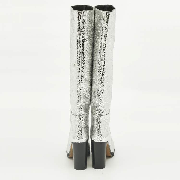 Pre Owned Isabel Marant Silver Foil Leather Knee Length Boots Size 39