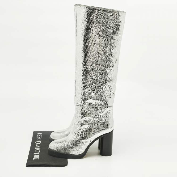 Pre Owned Isabel Marant Silver Foil Leather Knee Length Boots Size 39