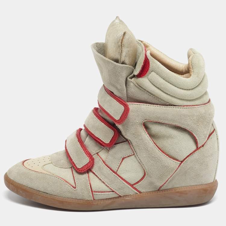 Pre Owned Isabel Marant Bekett Size 41 Grey/Red Leather and Suede Wedge Sneakers