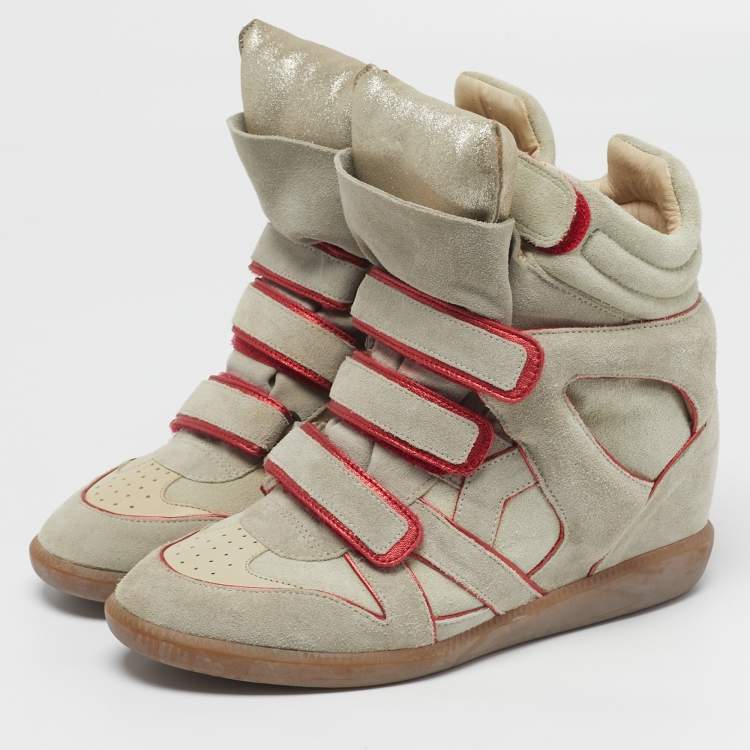 Pre Owned Isabel Marant Bekett Size 41 Grey/Red Leather and Suede Wedge Sneakers