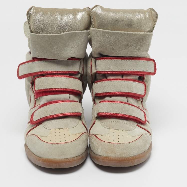 Pre Owned Isabel Marant Bekett Size 41 Grey/Red Leather and Suede Wedge Sneakers