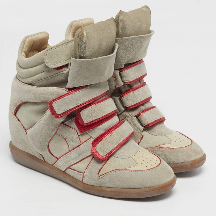 Pre Owned Isabel Marant Bekett Size 41 Grey/Red Leather and Suede Wedge Sneakers