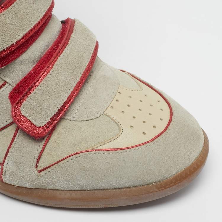 Pre Owned Isabel Marant Bekett Size 41 Grey/Red Leather and Suede Wedge Sneakers