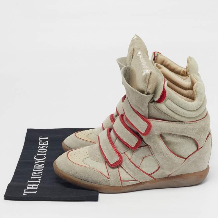 Pre Owned Isabel Marant Bekett Size 41 Grey/Red Leather and Suede Wedge Sneakers