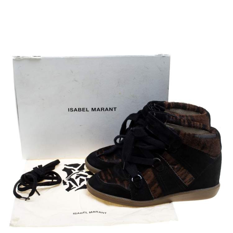Pre Owned Isabel Marant Black Printed Ponyskin and Suede Blossom Lace Up Wedge Sneakers Size 39
