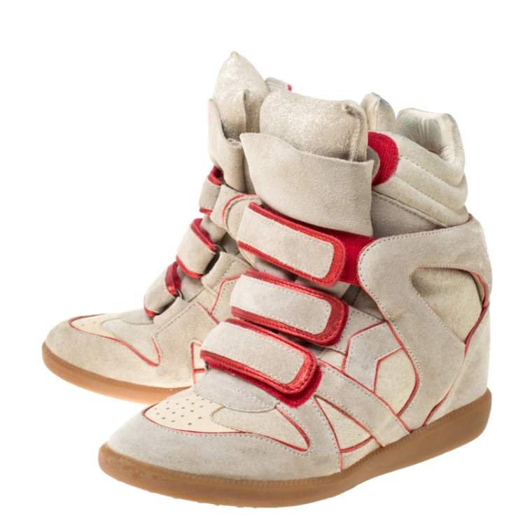 Pre Owned Isabel Marant Grey Suede And Metallic Red Leather Trim Bekett Wedge Sneakers Size 37