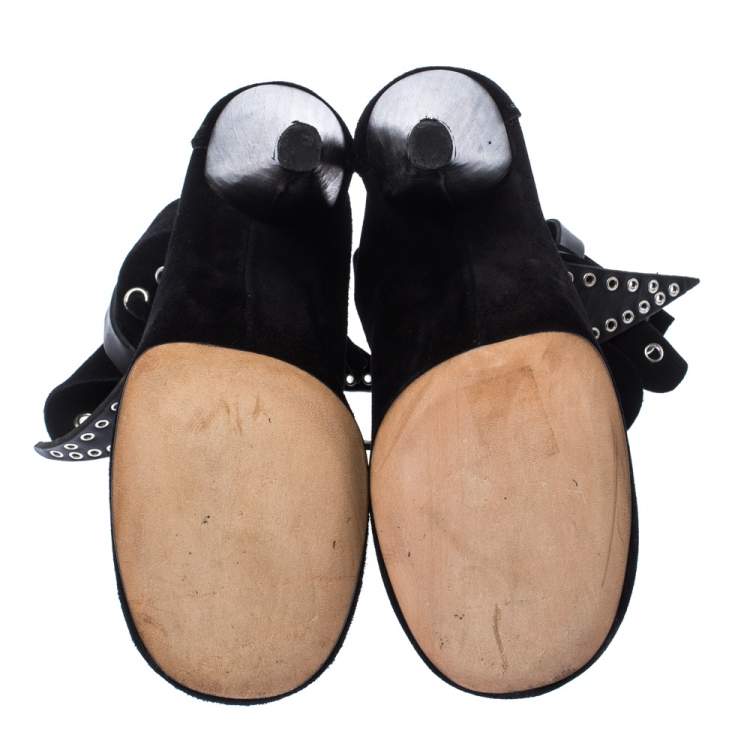 Pre Owned Isabel Marant Black Suede Eyelet Cut Out Bow Ankle Boots Size 37
