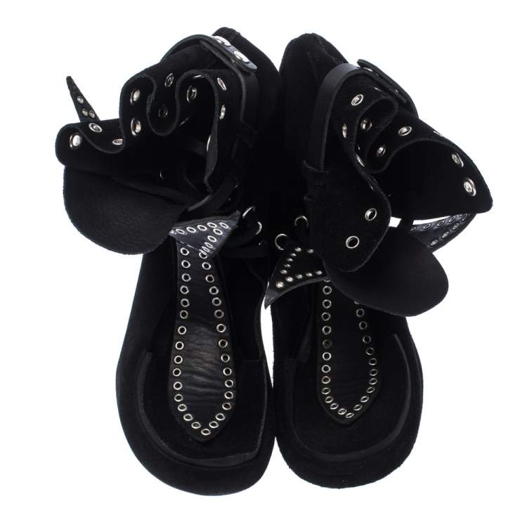 Pre Owned Isabel Marant Black Suede Eyelet Cut Out Bow Ankle Boots Size 37