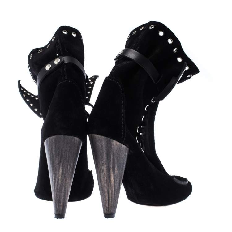 Pre Owned Isabel Marant Black Suede Eyelet Cut Out Bow Ankle Boots Size 37