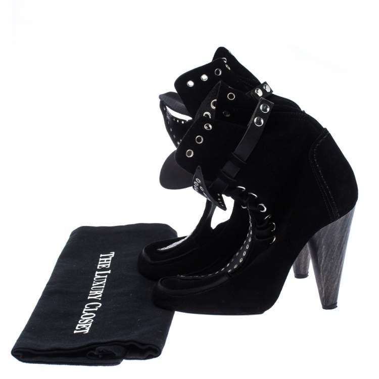 Pre Owned Isabel Marant Black Suede Eyelet Cut Out Bow Ankle Boots Size 37