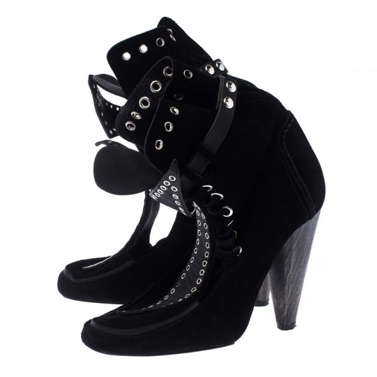 Pre Owned Isabel Marant Black Suede Eyelet Cut Out Bow Ankle Boots Size 37