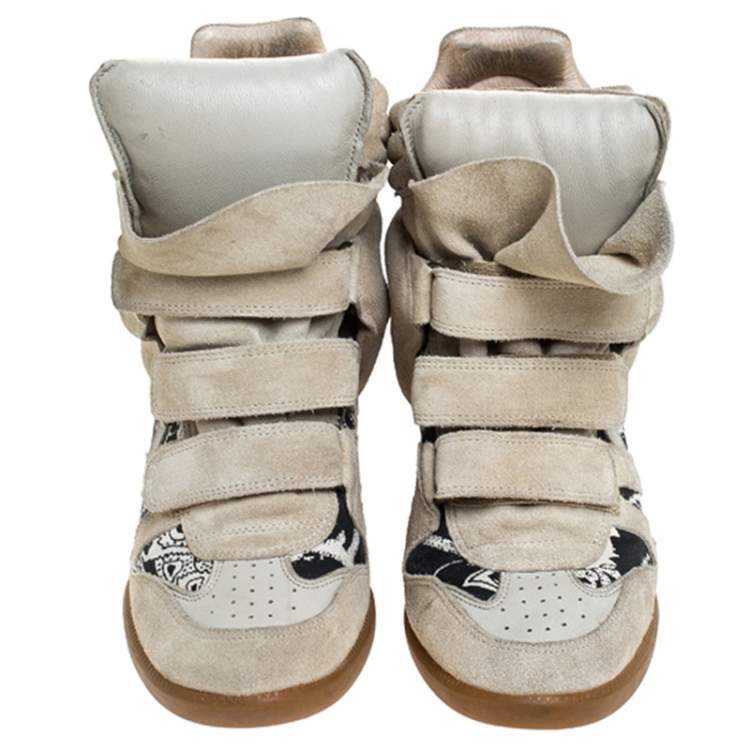 Pre Owned Isabel Marant Beige Printed Canvas and Suede Bekett Wedge Sneakers Size 40