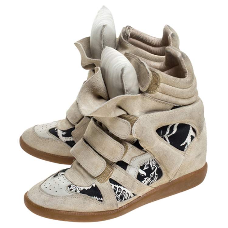 Pre Owned Isabel Marant Beige Printed Canvas and Suede Bekett Wedge Sneakers Size 40