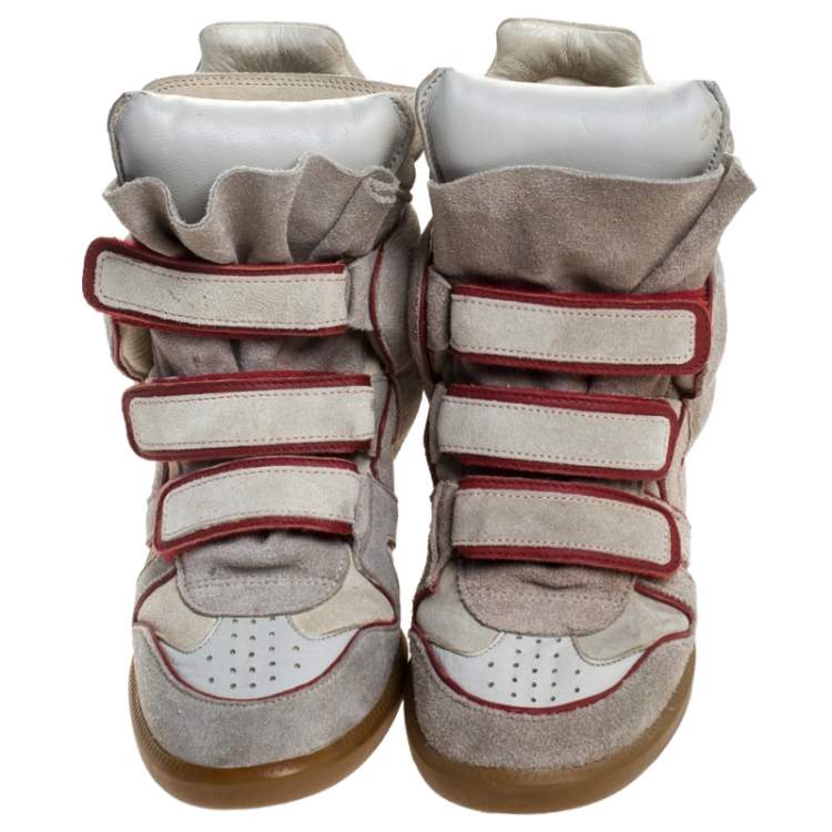 Pre Owned Isabel Marant Grey Suede with Metalllic Red Leather Trim Bekett Wedge Sneakers Size 38