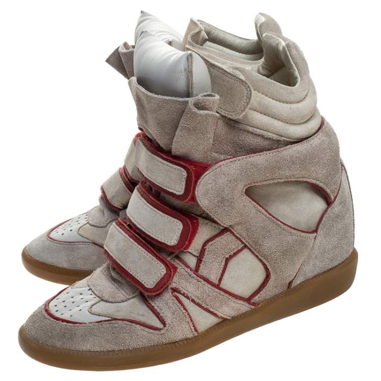 Pre Owned Isabel Marant Grey Suede with Metalllic Red Leather Trim Bekett Wedge Sneakers Size 38
