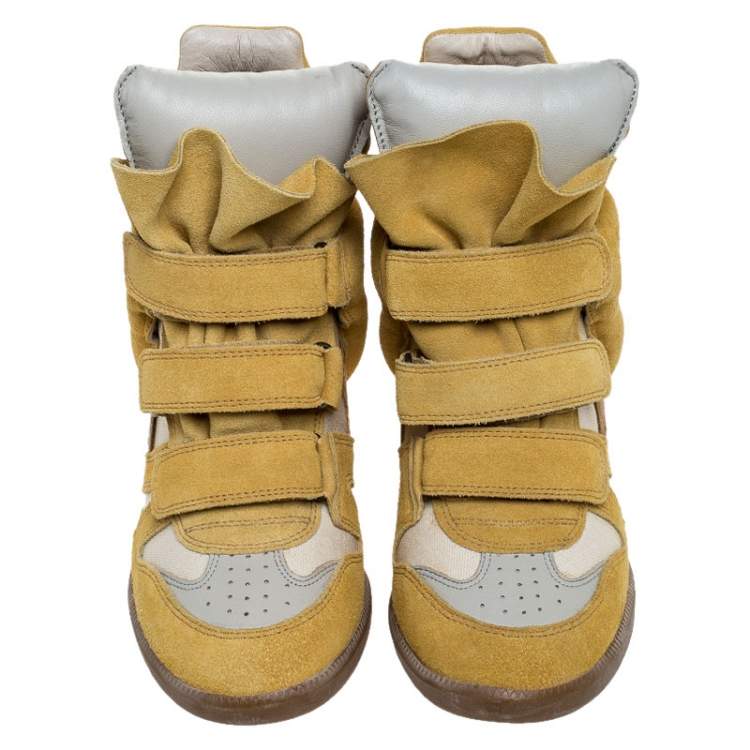 Pre Owned Isabel Marant Yellow/Beige Suede and Canvas Bayley Star Wedge Sneakers Size 37