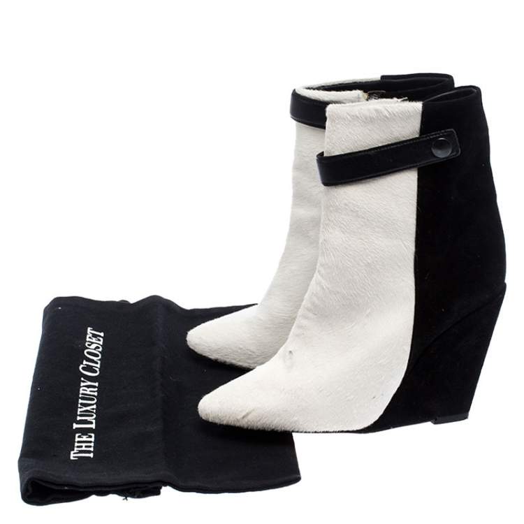 Pre Owned Isabel Marant Black/White Pony Hair and Suede Wedge Ankle Boots Size 38
