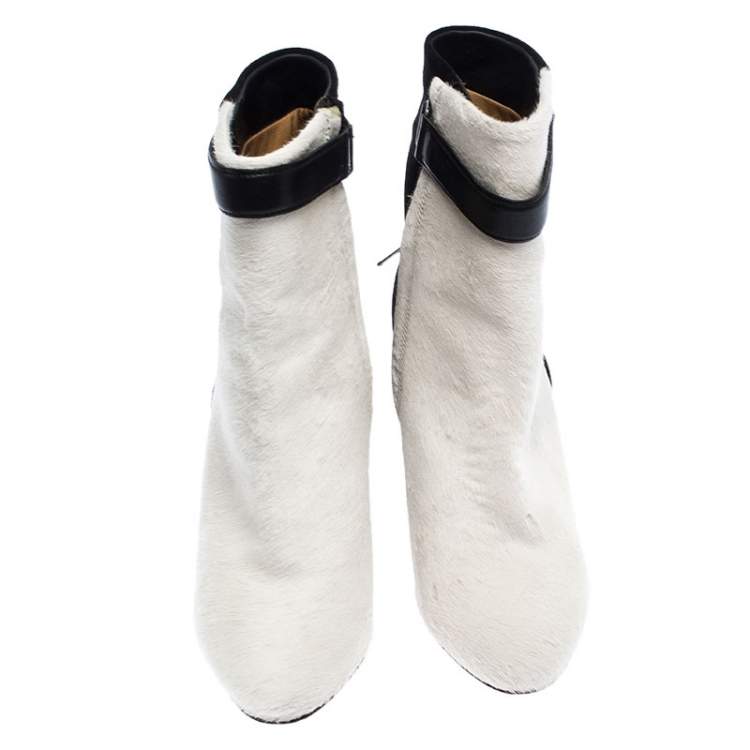 Pre Owned Isabel Marant Black/White Pony Hair and Suede Wedge Ankle Boots Size 38