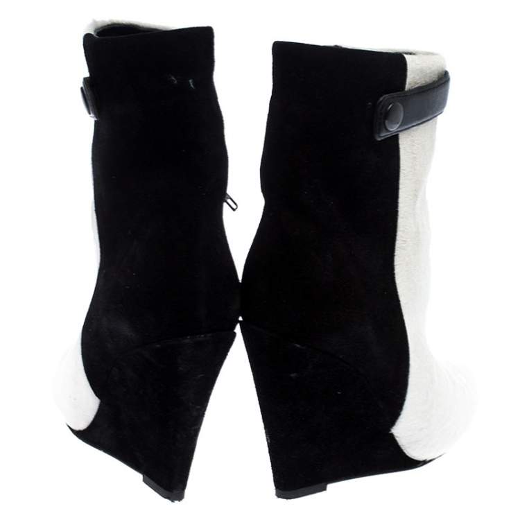 Pre Owned Isabel Marant Black/White Pony Hair and Suede Wedge Ankle Boots Size 38