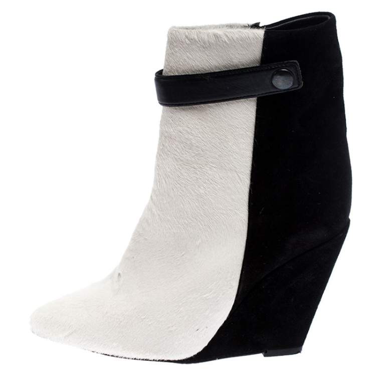 Isabel Marant Black/White Pony and Suede Wedge Ankle Boots Size 38 Isabel Marant TLC