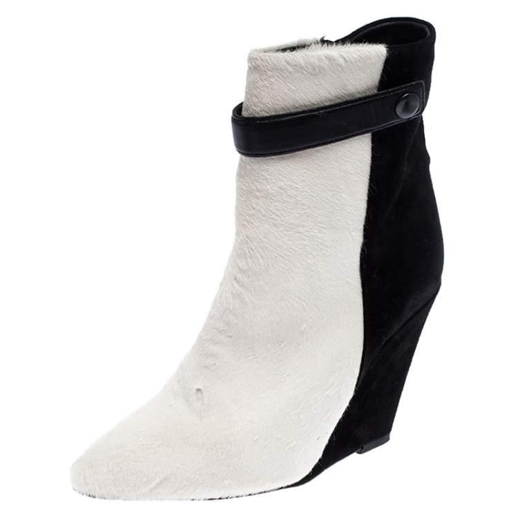 Isabel Marant Black/White Hair and Suede Wedge Ankle Boots Size 38 Isabel Marant | TLC