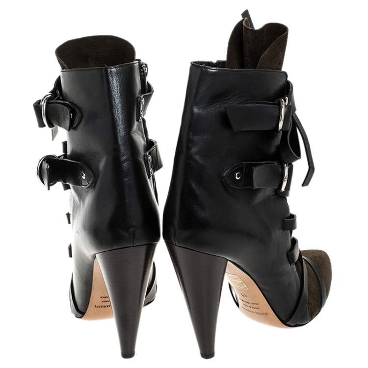 Pre Owned Isabel Marant Black/Green Suede and Leather Royston Buckle Ankle Boots Size 40
